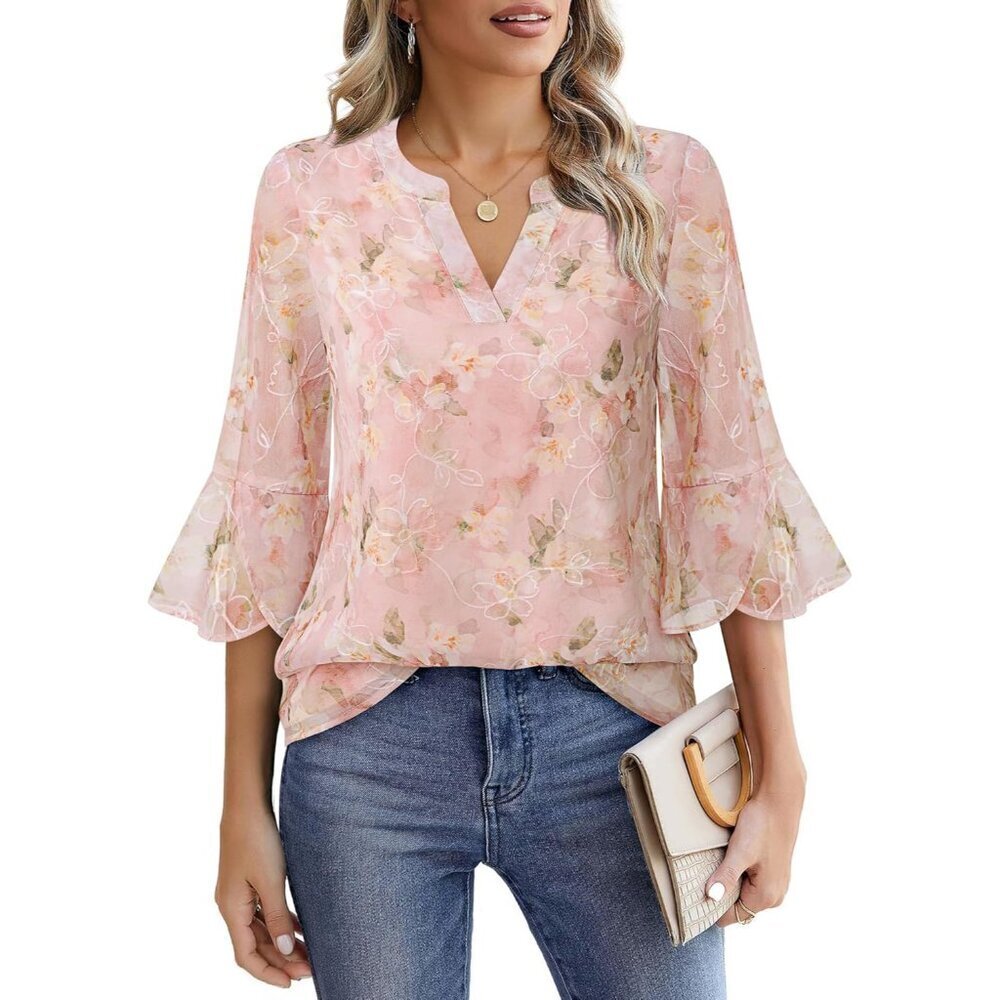 Womens 3/4 Sleeve Chiffon Blouse Floral Print V-Neck Casual Work Top